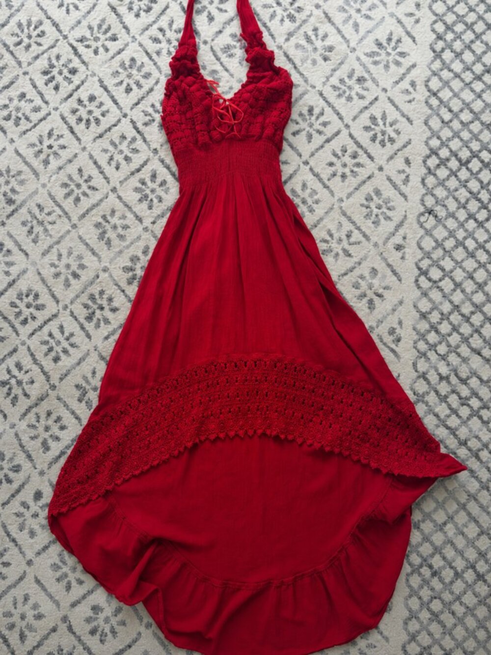 HR Cottonline Red Natural Cotton Crochet Halter Maxi Dress Boho Festival Peru